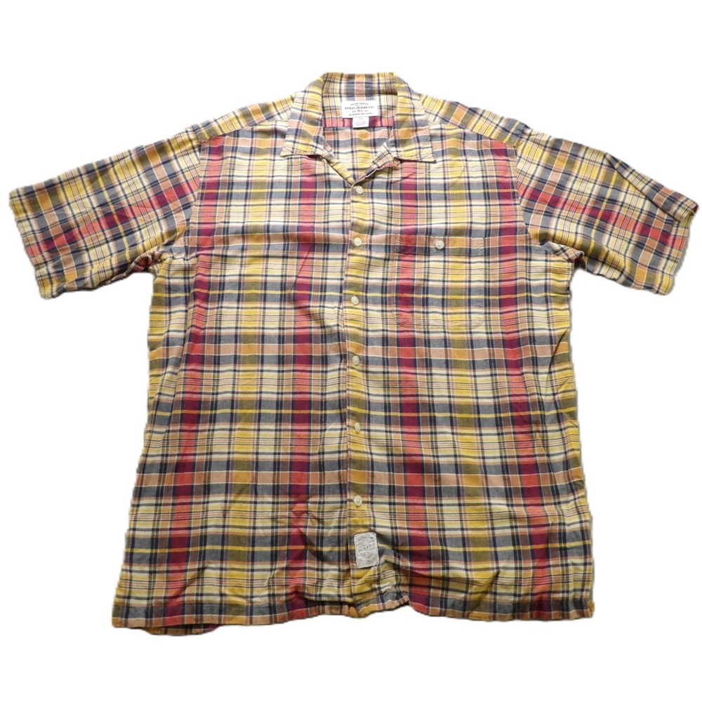 VTG 90s Polo Jeans Co Ralph Lauren Plaid Shirt Men M Short Sleeves Yellow Cotton